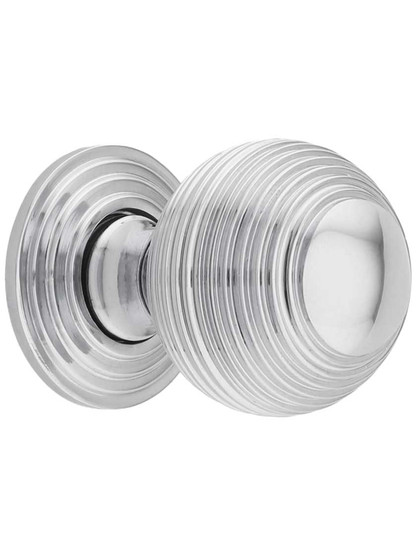 Solid-Brass Reeded Round Knob with Rosette - 1 1/4 inch Diameter in Polished Chrome.
